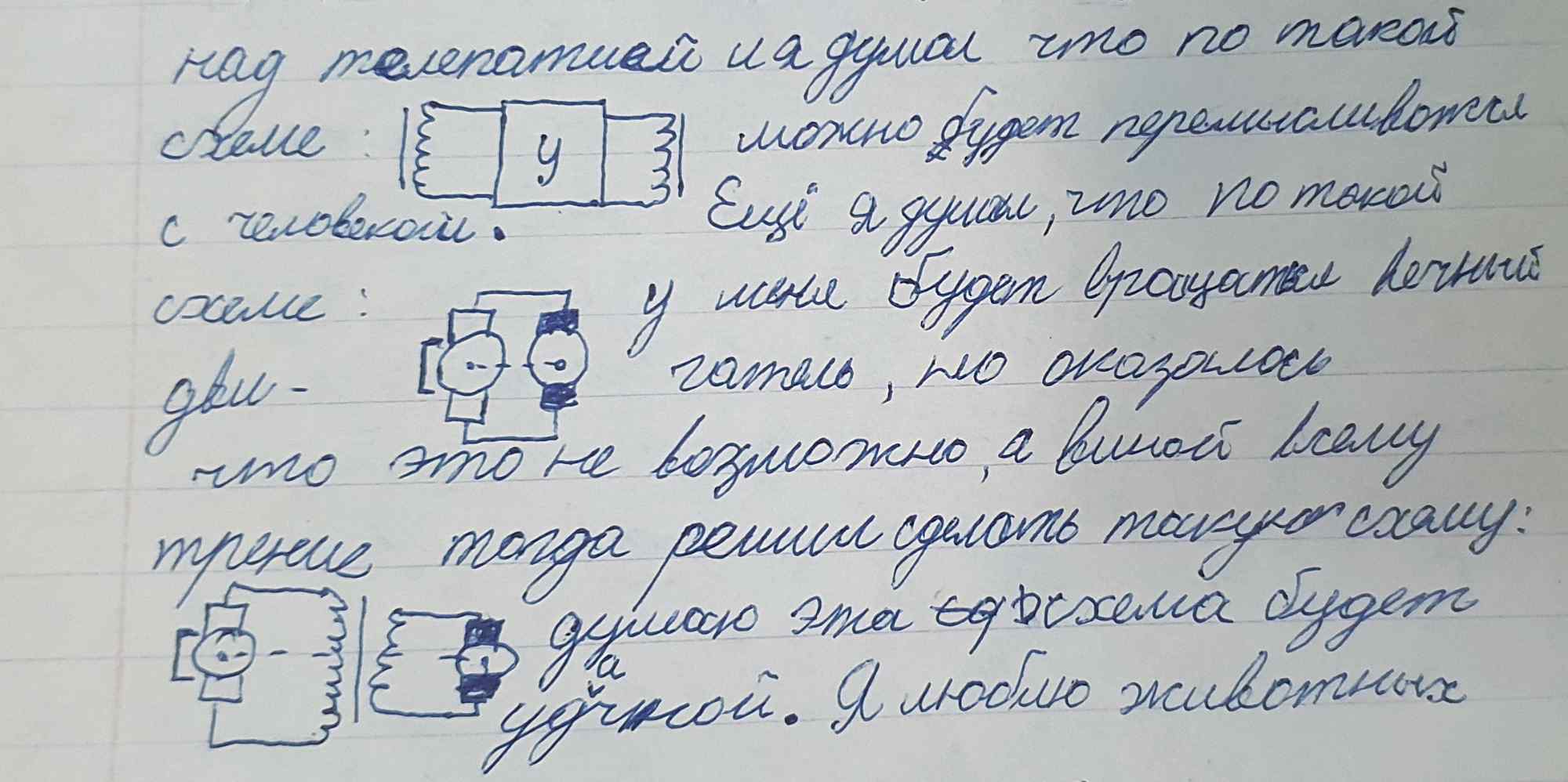 Рукописный текст о телепатии и схемах с рисунками устройств, где автор размышляет о невозможности вечного двигателя и предлагает новую схему для связи с животными.