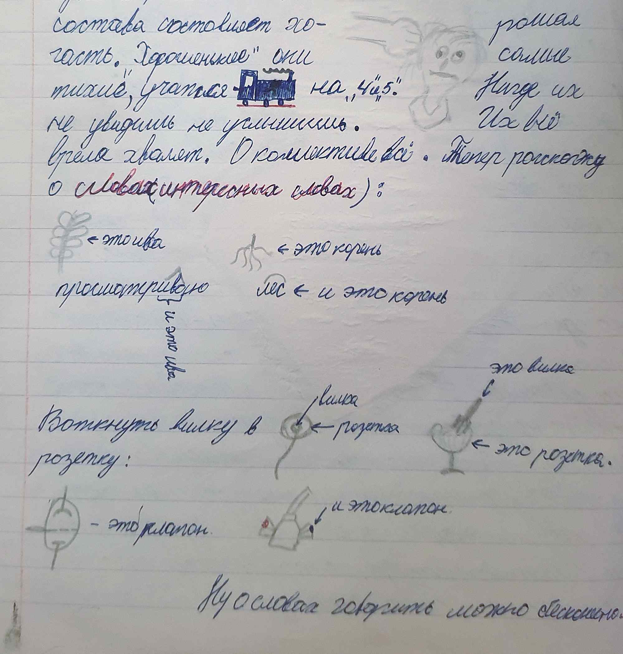 Рукописные заметки о словах: разбор «просматриваю» (корень, суффикс, окончание), примеры «вилка-розетка», «плафон», «клапан» с рисунками и пояснениями.