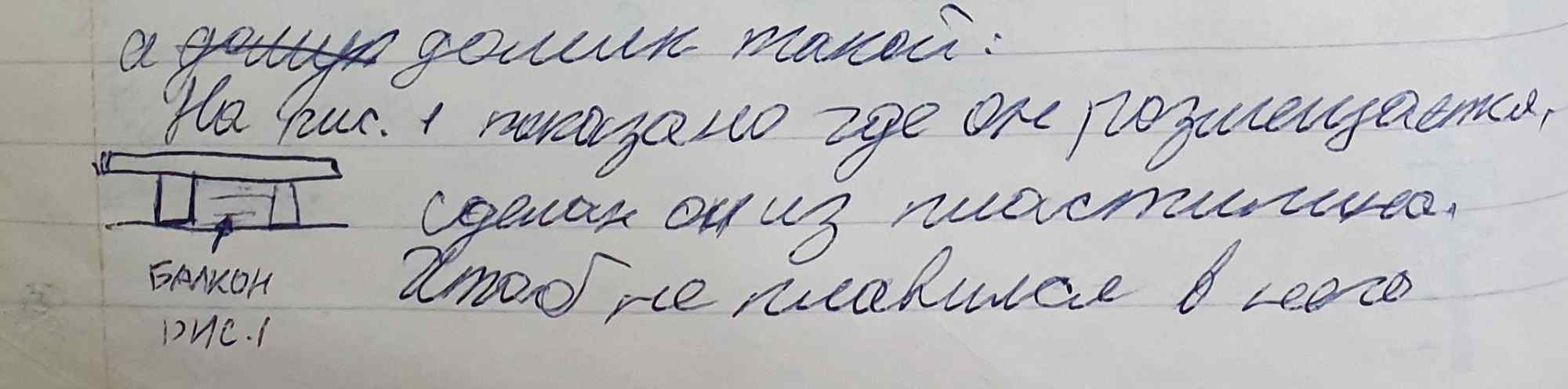 На листе в клетку рукописный текст и схематичный рисунок балкона с подписью «БАЛКОН рис.1», описывающий конструкцию из пластика для защиты от таяния.