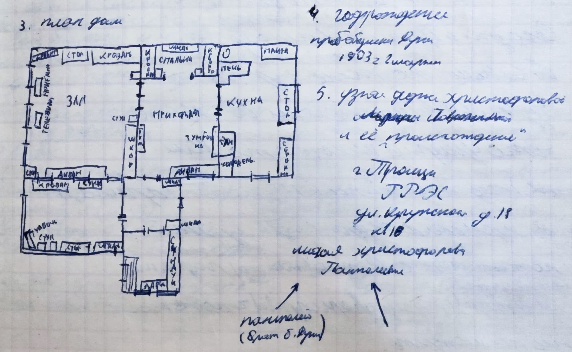 Рукописный план квартиры с подписями комнат (зал, кухня, спальня и др.) и текстом о доме Христопороловой на ул. Крупской д.18 кв.10, упоминающим памятник и год постройки 1903.