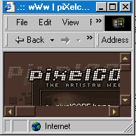 Скриншот окна браузера Internet Explorer с открытой страницей сайта pixelCO, где крупно отображается логотип «pixelCO» и надпись «THE ARTISTRY WEB».