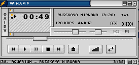Интерфейс плеера Winamp с воспроизведением трека «RUSSKAYA NIRVANA» от группы AQUARIUM, длительность 3:28, битрейт 128 кбит/с, частота 44 кГц, текущее время 0:49.
