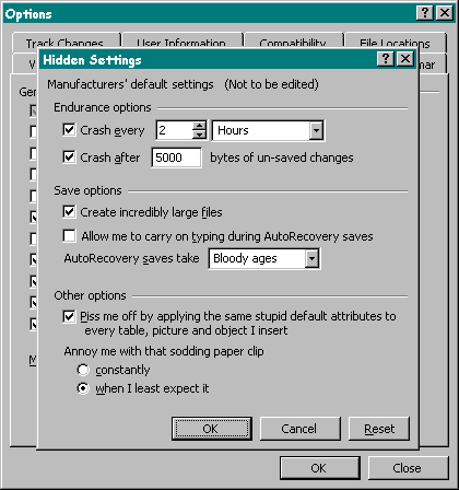 Окно настроек Microsoft Word с шуточными параметрами: «Crash every 2 Hours», «AutoRecovery saves take Bloody ages», «Piss me off by applying the same stupid default attributes...