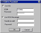 Окно настройки ICQ и Password с полями ввода пароля и галочками для использования ICQ и MSN Messenger.