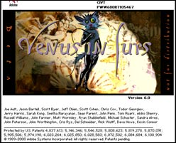 Титульный экран игры «Venus in Fur» версии 6.0 с изображением женщины в красном платье на фоне золотистого интерьера и списком актёров дубляжа.