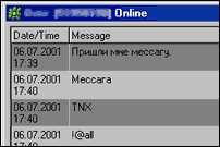 Скриншот чата с заголовком «Online» и таблицей сообщений от 06.07.2001: «Пришли мне мессагу», «Мессага», «TNX», «I@all».