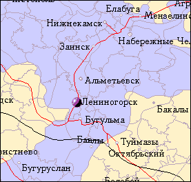 Карта с выделенным городом Лениногорск в Татарстане, показаны соседние населённые пункты и границы районов.
