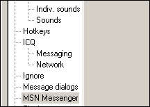 Выпадающее меню настроек с пунктами: Indiv. sounds, Sounds, Hotkeys, ICQ, Messaging, Network, Ignore, Message dialogs, MSN Messenger.
