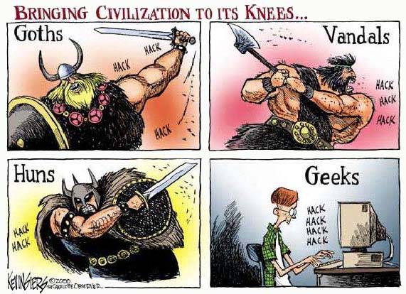Карикатура «Bringing Civilization to its Knees...»: готы, вандалы и гунны рубят мечом, а геки «hack» на клавиатуре — ирония над тем, кто действительно «сломал цивилизацию».