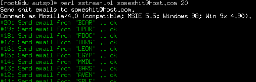 Терминал с выводом Perl-скрипта, эмулирующего SMTP-клиент: подключение к host.com:20, отправка писем от имени пользователей (BCAR, UPOR, FDCC и др.) с ответами сервера «ok».