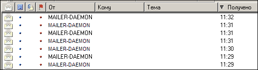 Список писем от MAILER-DAEMON в почтовом клиенте с колонками «От», «Тема», «Получено» и временем отправки.