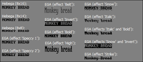 Сравнение шрифтов Hebeqa и EGA с эффектами: «Belt», «Snow», «Invert», «Italic», «Bold», «High», «Strike» — текст «MONKEY BREAD» в разных стилях на сером фоне.