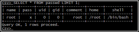 Скриншот терминала с SQL-запросом SELECT * FROM passwd LIMIT 1; и выводом таблицы с данными пользователя root (uid=0, gid=0, home=/root, shell=/bin/bash).