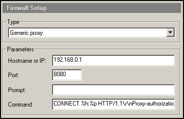 Окно настройки файрвола с типом «Generic proxy», параметрами: Hostname or IP — 192.168.0.1, Port — 8080, Command — CONNECT %h:%p HTTP/1.1\r\nProxy-authorizatio