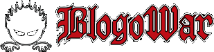 Логотип «BlogoWar»: слева — стилизованное лицо с шипами, справа — название красным готическим шрифтом.