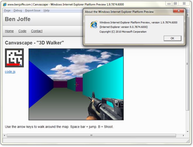 Скриншот веб-страницы Ben Joffe с игрой «Canvascape - '3D Walker'» и всплывающим окном о версии Windows Internet Explorer Platform Preview 1.9.7874.6000 (IE 9.0).
