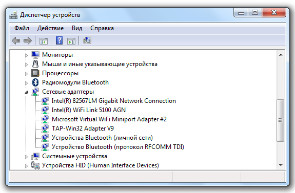 Скриншот окна «Диспетчер устройств» Windows с раскрытым разделом «Сетевые адаптеры», где видны Intel(R) 82567LM Gigabit Network Connection и Intel(R) WiFi Link 5100 AGN.