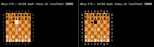 Два скриншота терминала с запущенной шахматной программой chess.sh на localhost:50000, показывающие начальную позицию и ход белых (e4).