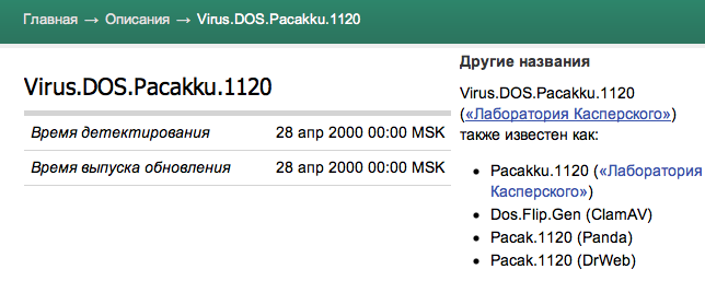 Скриншот страницы с описанием вируса Virus.DOS.Pacaku.1120: время обнаружения и обновления — 28 апр 2000, другие названия от Лаборатории Касперского, ClamAV, Panda, DrWeb.