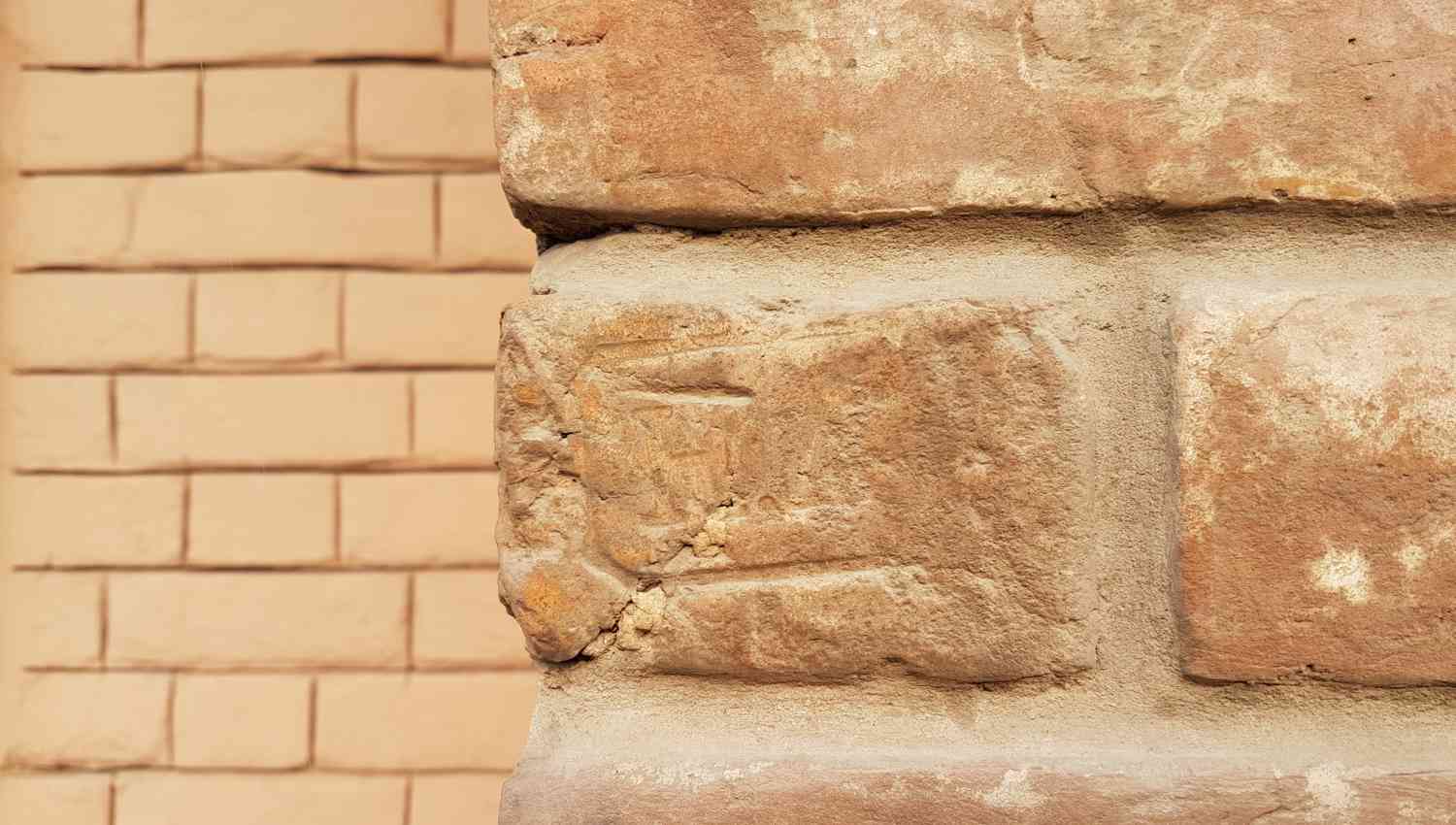 Крупный план угла каменной кладки: на переднем плане — грубо обработанный камень с вырезанным рельефным символом, на размытом фоне — стена из светло-бежевых кирпичей.