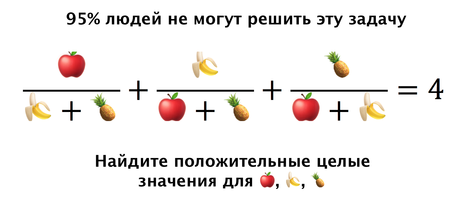 Задача: найти положительные целые значения для яблока, банана и ананаса, если сумма трёх дробей (яблоко/(банан+ананас) + банан/(яблоко+ананас) + ананас/(яблоко+банан)) равна 4.