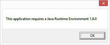 Диалоговое окно с сообщением: «This application requires a Java Runtime Environment 1.8.0» и кнопкой «OK».