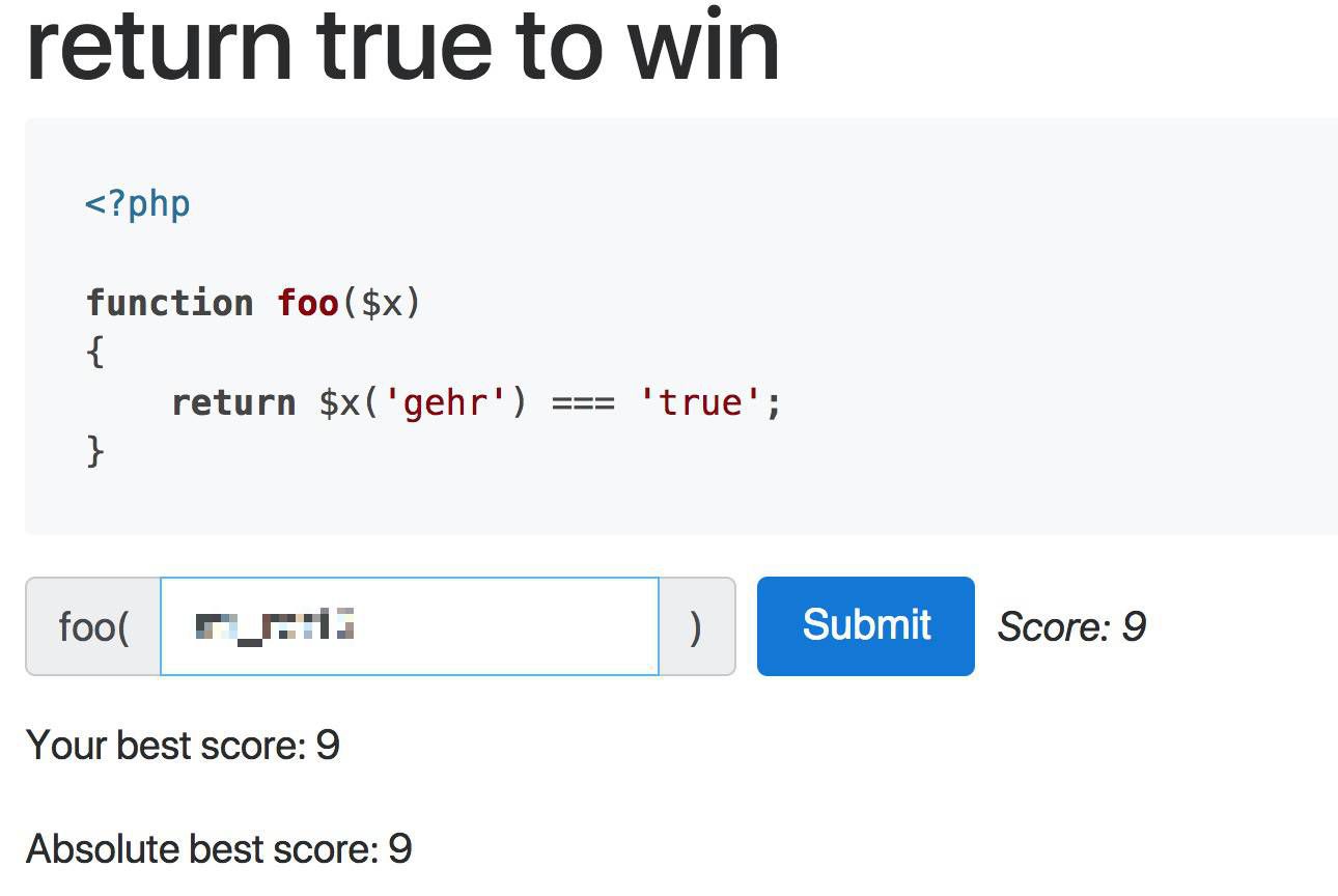 Скриншот задачи «return true to win» с PHP-функцией foo($x), возвращающей true, если $x('gehr') === 'true', и полем ввода для вызова foo() с текущим счётом 9.