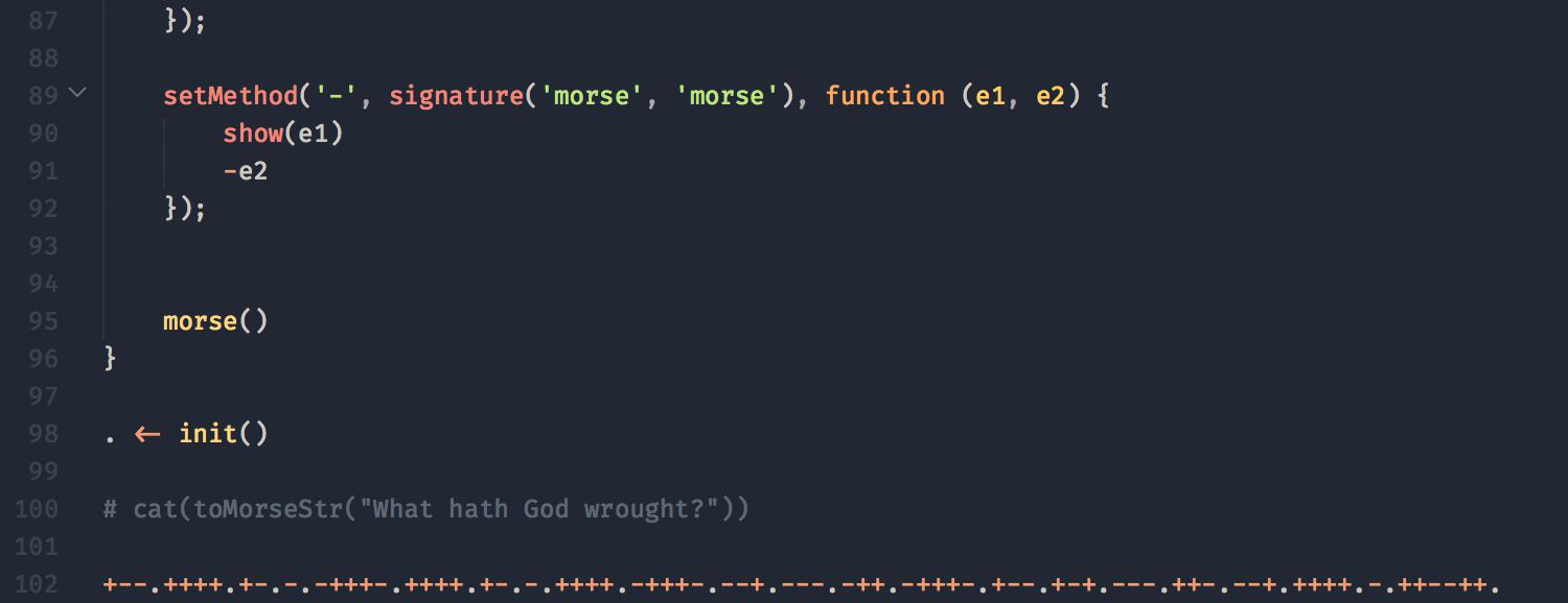 Скриншот кода на R: функция setMethod для морзе, вызов morse(), инициализация init() и вывод закодированной фразы "What hath God wrought?" в виде точек и тире.