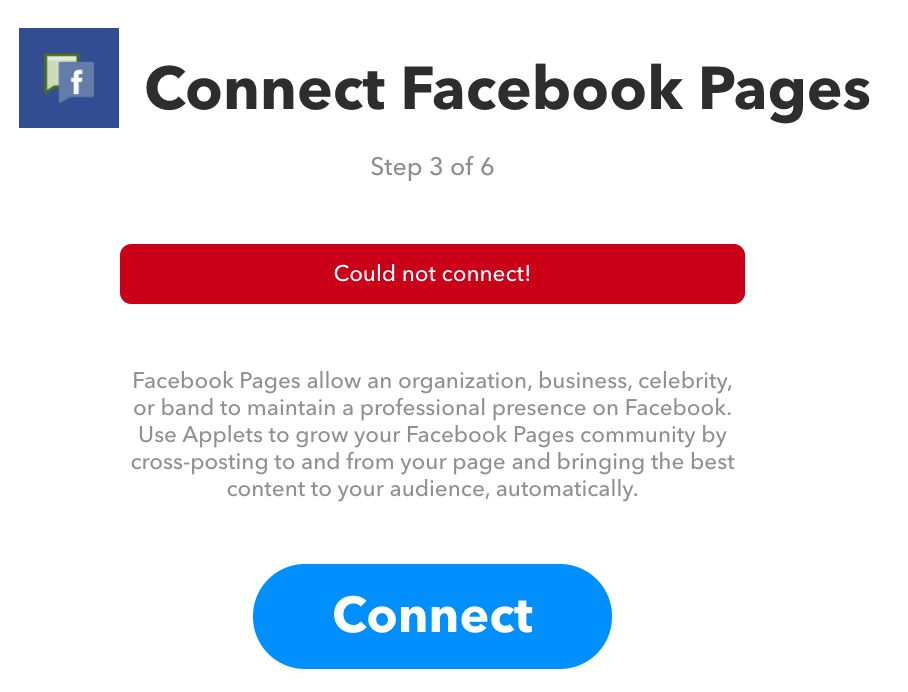 Шаг 3 из 6: подключение страниц Facebook. Красная кнопка «Could not connect!» указывает на ошибку. Синяя кнопка «Connect» для повторной попытки.