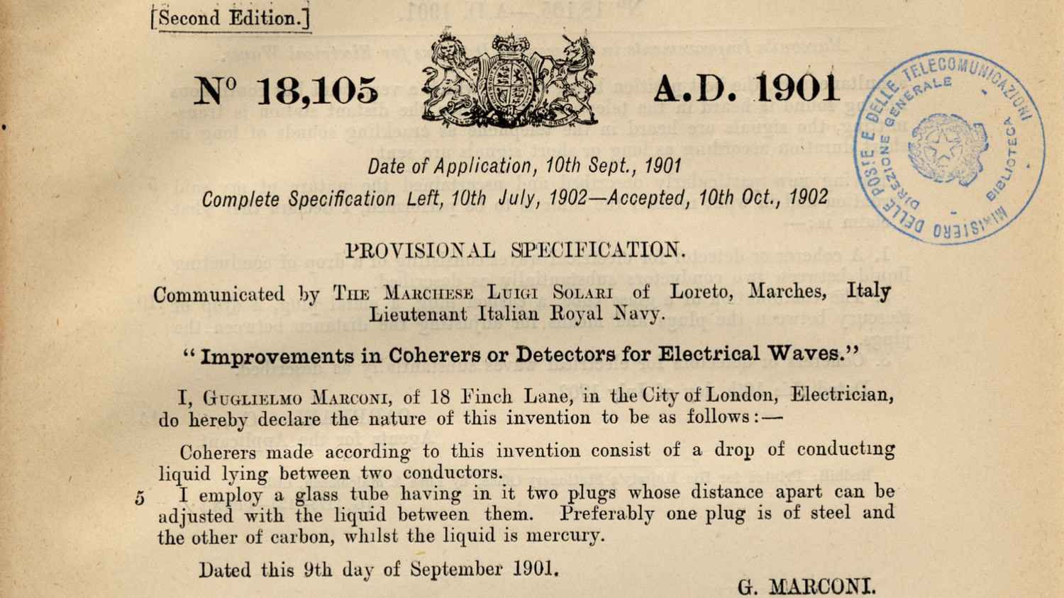 Первая страница патента №18,105 от 10 сентября 1901 года Г. Маркони «Улучшения в когерерах или детекторах для электрических волн», с описанием изобретения и подписью автора.