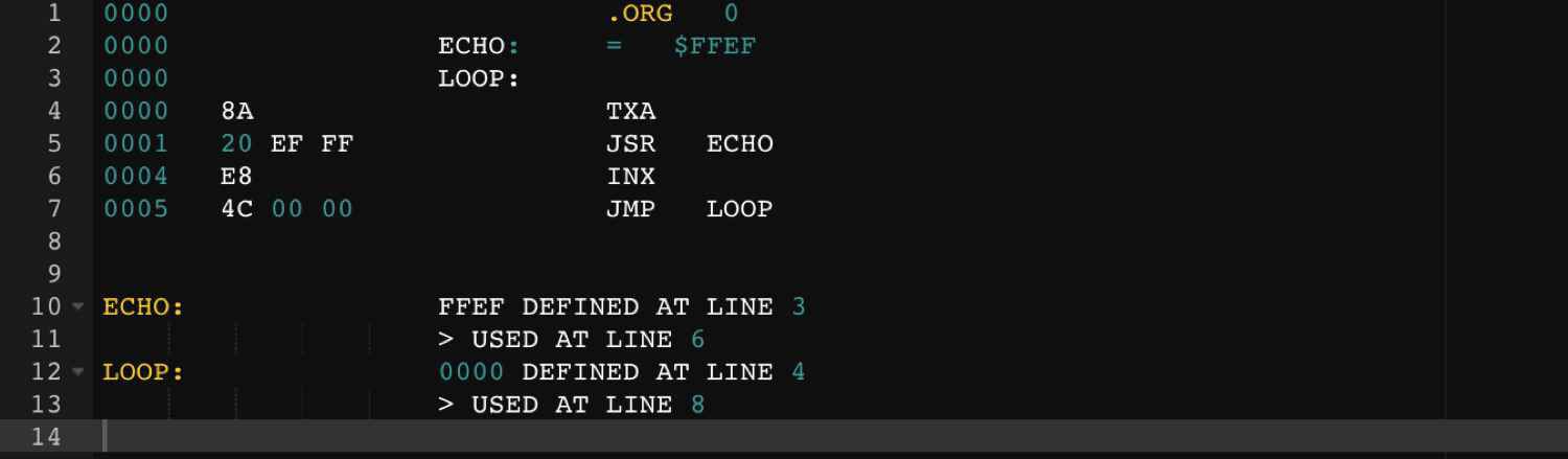 Скриншот кода на ассемблере с метками ECHO и LOOP, инструкциями TXA, JSR, INX, JMP и сообщениями о определении и использовании меток в строках 3, 4, 6, 8.