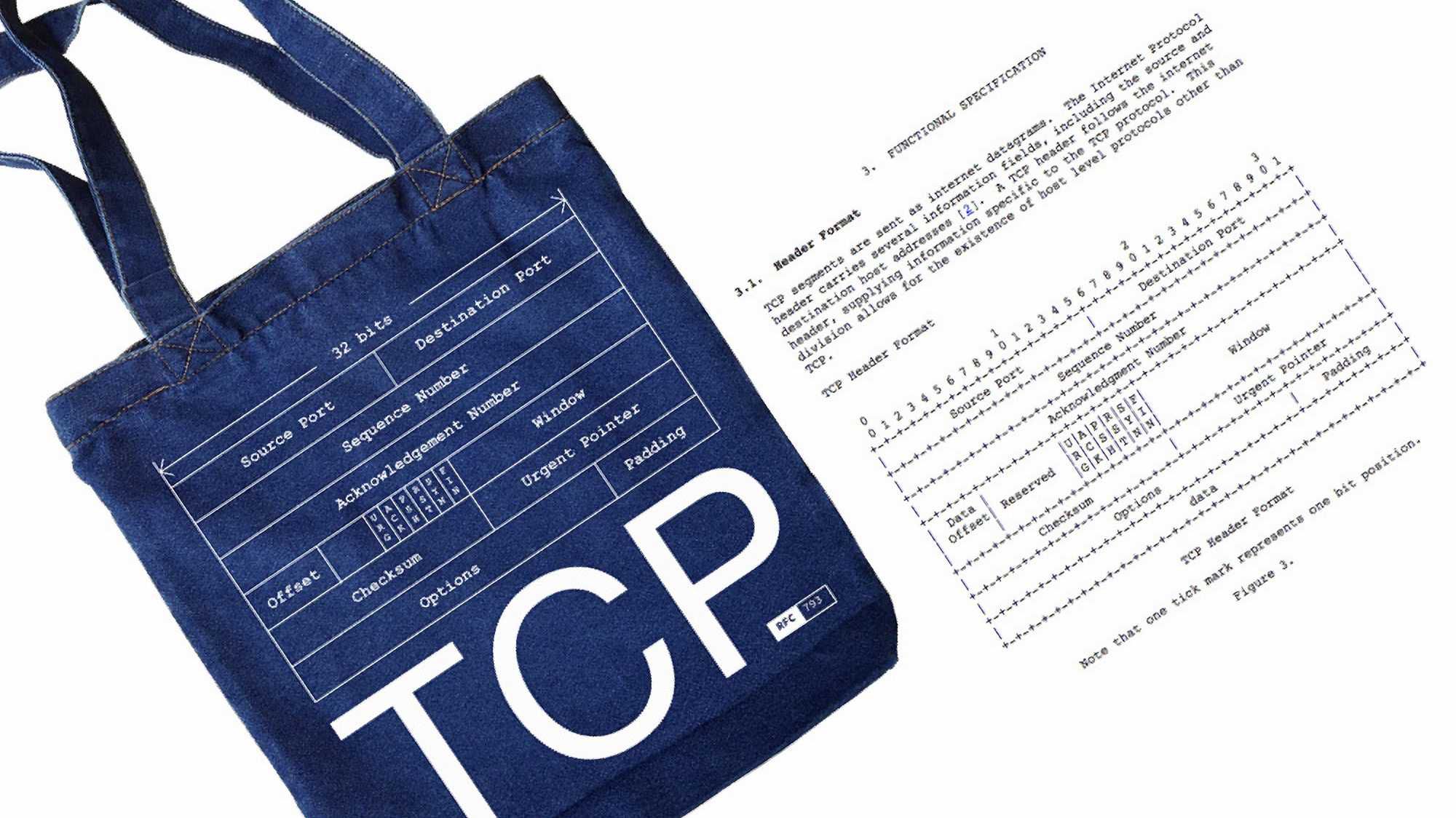 Синяя сумка-шоппер с белой схемой заголовка протокола TCP и надписью «TCP», рядом — распечатанный фрагмент документа RFC 793 с описанием формата заголовка.