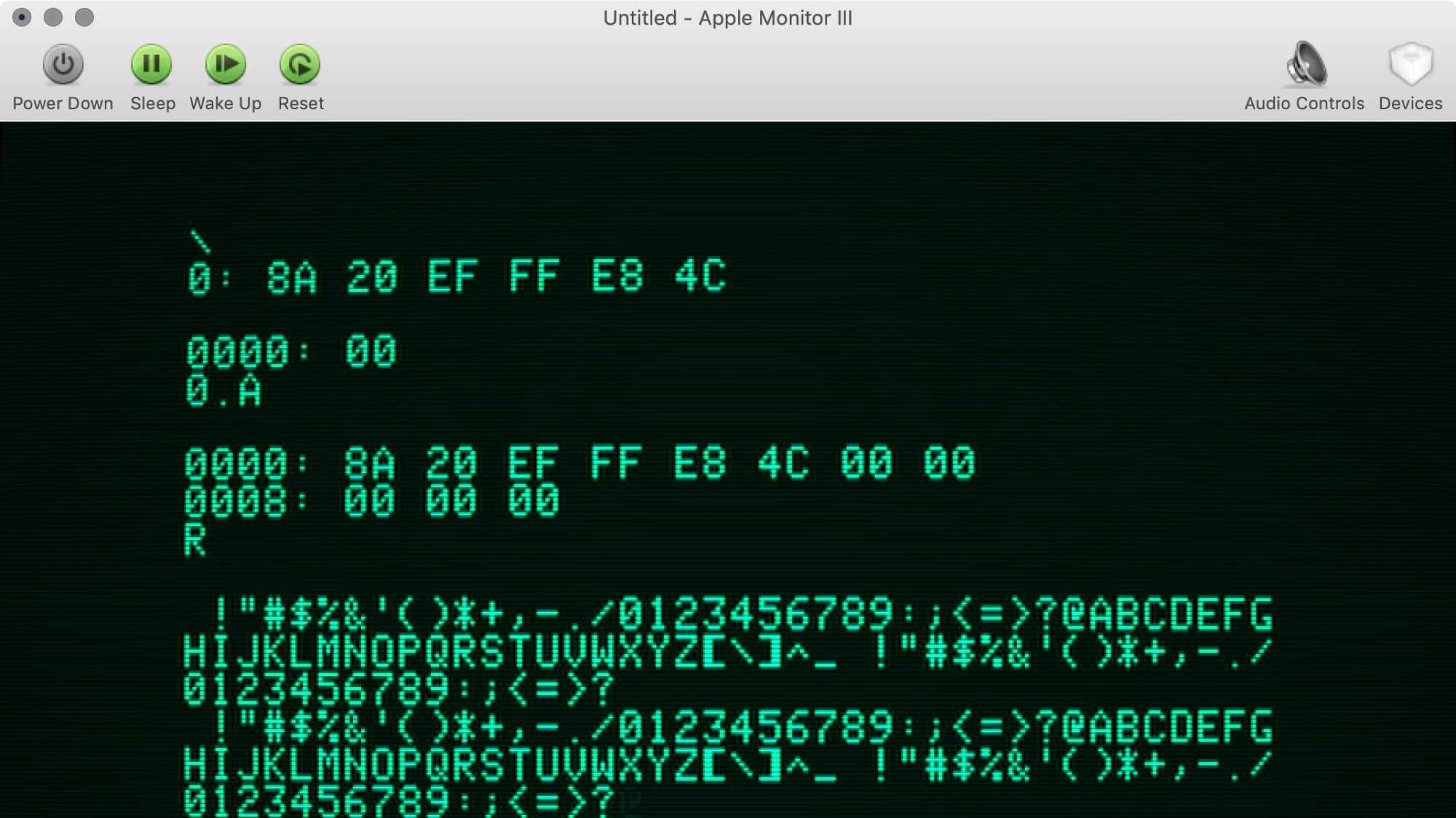 Скриншот окна эмулятора Apple Monitor III с зелёным текстом на чёрном фоне: шестнадцатеричные адреса и данные, символы ASCII, кнопки управления (Power Down, Sleep, Wake Up, Reset).
