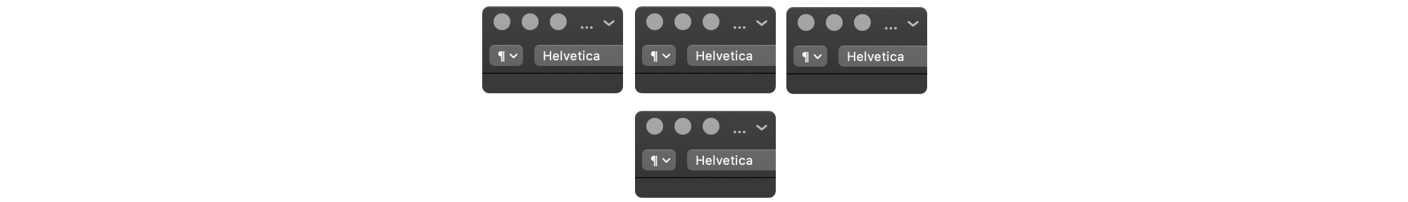 Четыре одинаковых элемента интерфейса с кнопкой «Helvetica» и иконкой шрифта, расположенные в два ряда по три и один.