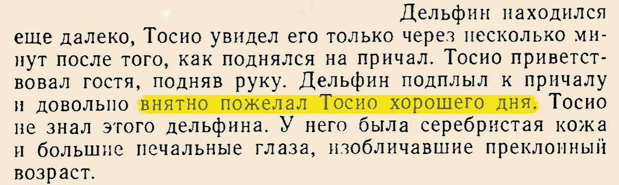 Текст о дельфине, который подплыл к причалу и внятно пожелал Тосио хорошего дня; у дельфина была серебристая кожа и большие печальные глаза.