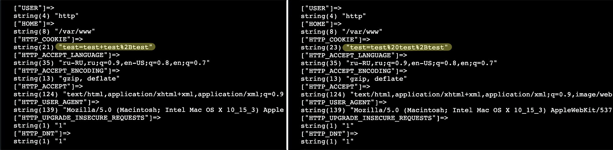 Сравнение значений HTTP-заголовков: в левом — "test=test+test%2Btest", в правом — "test=test%20test%2Btest", что демонстрирует разное кодирование пробелов и плюсов в URL.