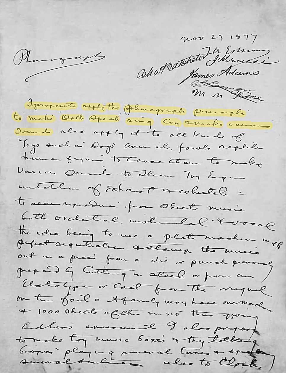 Рукопись Томаса Эдисона от 23 ноября 1877 года с предложением применить фонограф для воспроизведения речи, музыки и звуков игрушек, включая музыкальные шкатулки и говорящие куклы.
