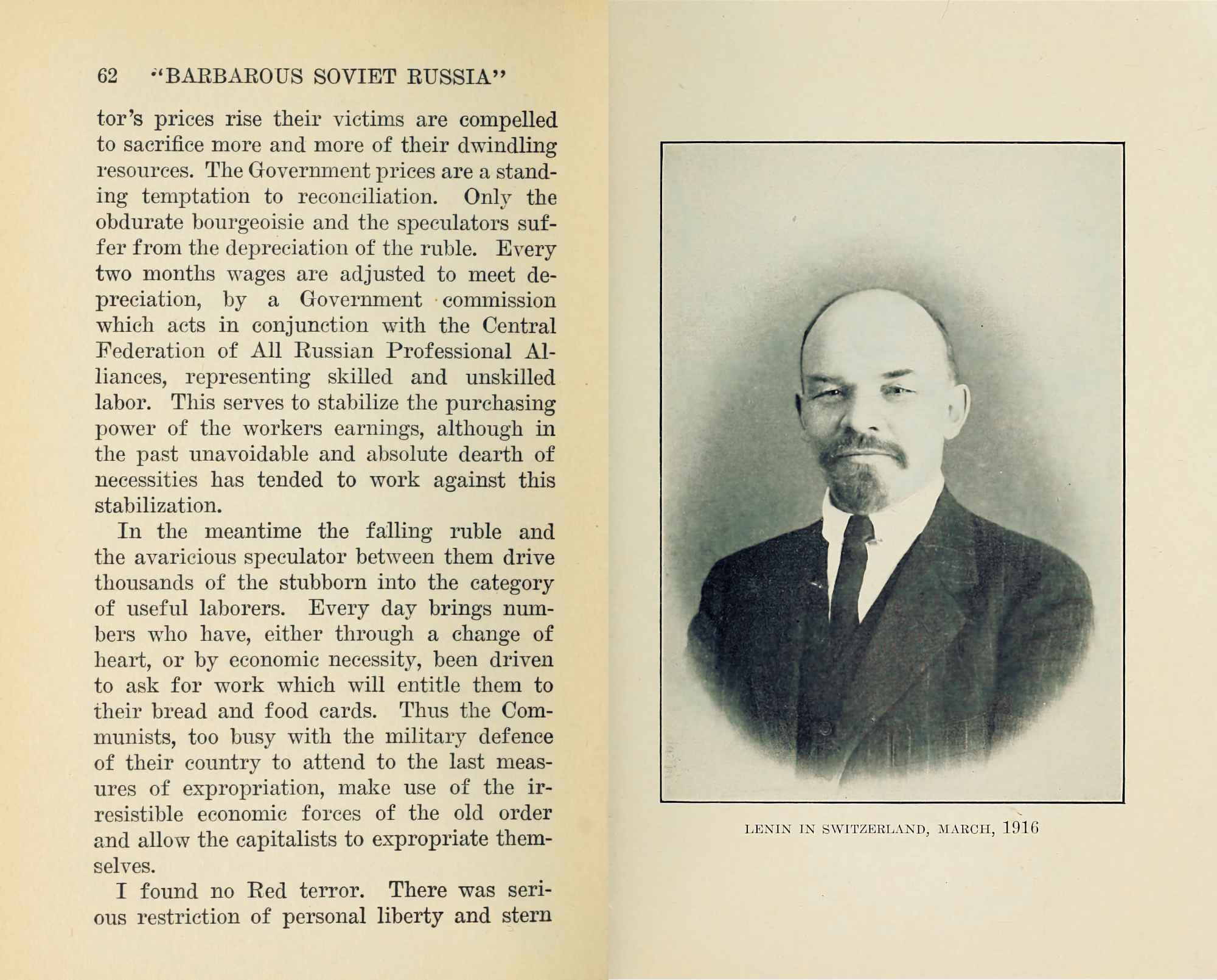 Портрет Ленина в Швейцарии, март 1916 г., рядом — страница книги «БАРБАРИЗМ СОВЕТСКОЙ РОССИИ» с текстом о ценах, рублях и рабочем классе.