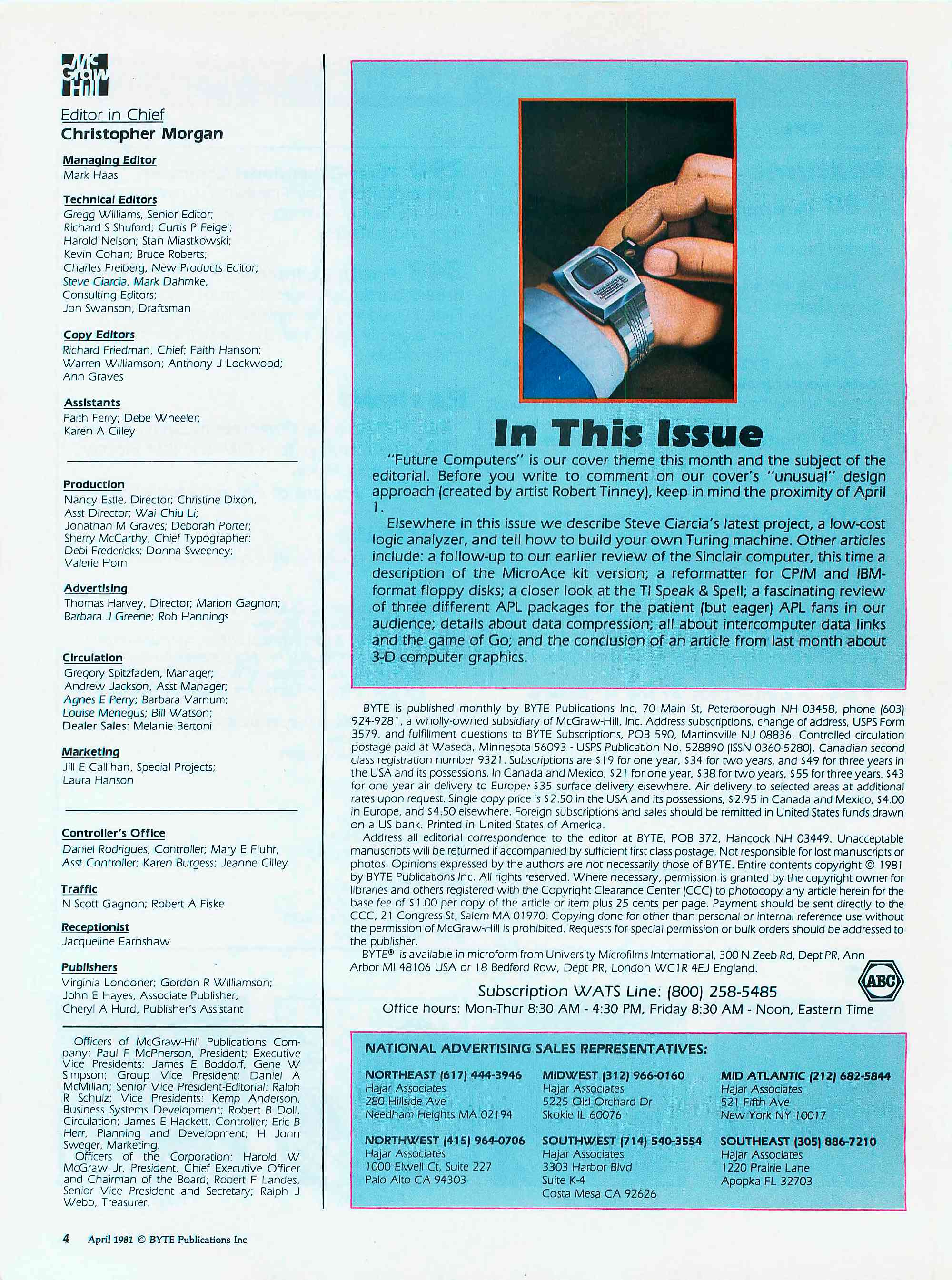 Список редакции журнала BYTE за апрель 1981 года и раздел «In This Issue» с обзором статей, включая тему «Будущие компьютеры» и проект логического анализатора Стива Чарции.
