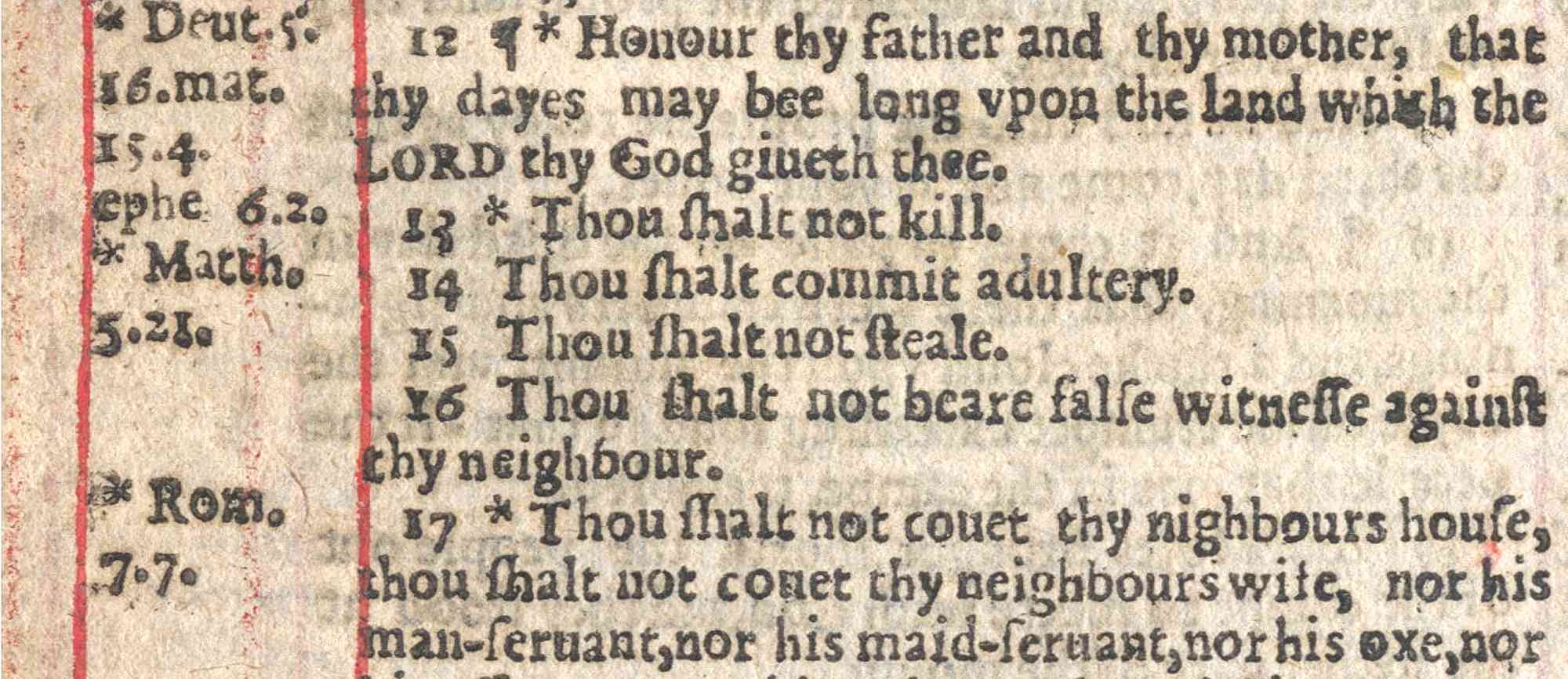 Страница старинного текста с Десятью заповедями на английском: «Honour thy father and thy mother», «Thou shalt not kill» и др.