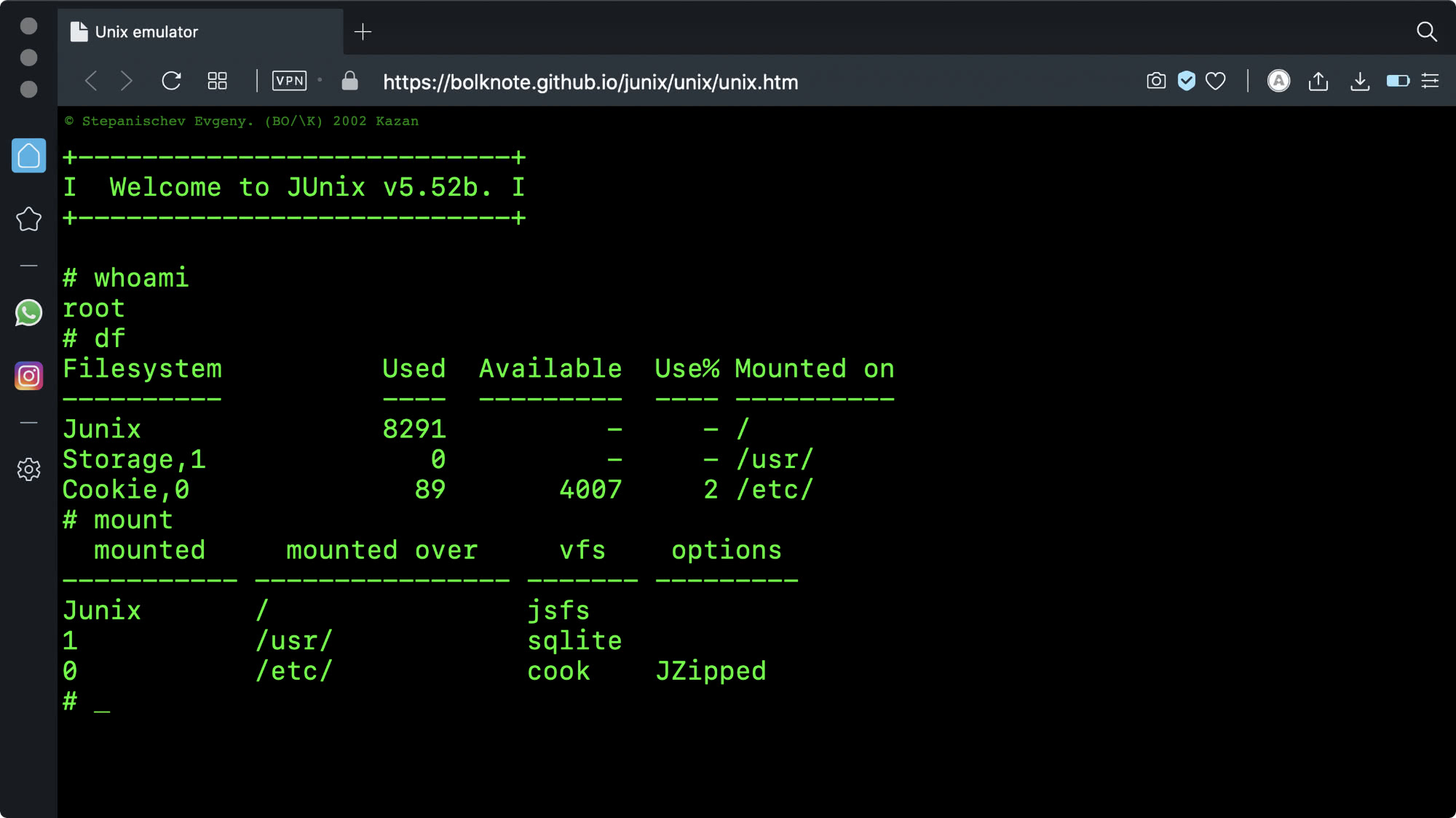 Скриншот терминала Unix-эмулятора JUnix v5.52b с командами whoami (root), df и mount, показывающими файловые системы и их параметры.
