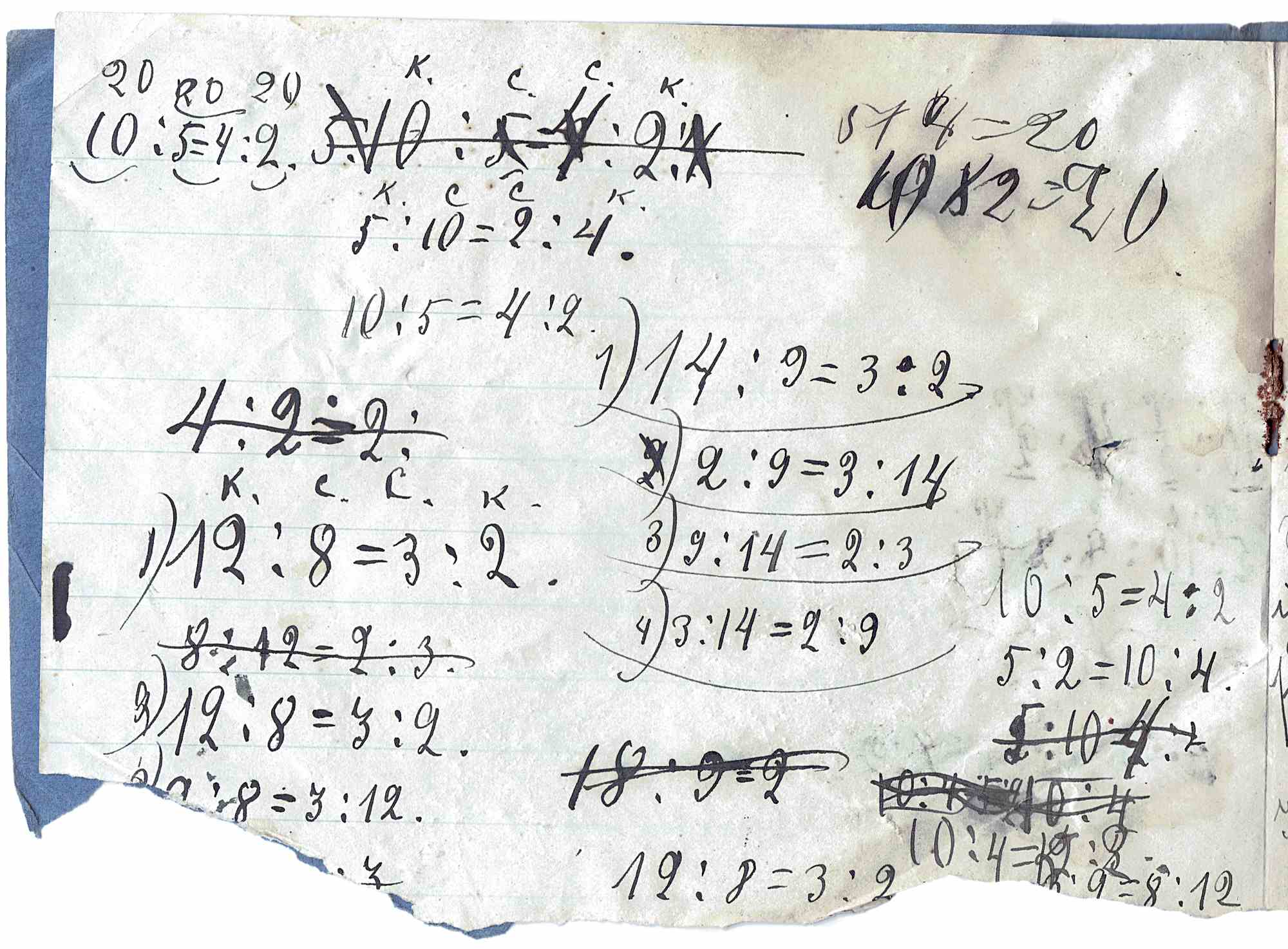 Рукописные математические пропорции на листе в клетку: 10:5=4:2, 14:9=3:2, 12:8=3:2, 9:14=2:3, 3:14=2:9, 10:5=4:2, 5:2=10:4, 12:8=3:2, 10:4=5:2, 9:12=3:4.