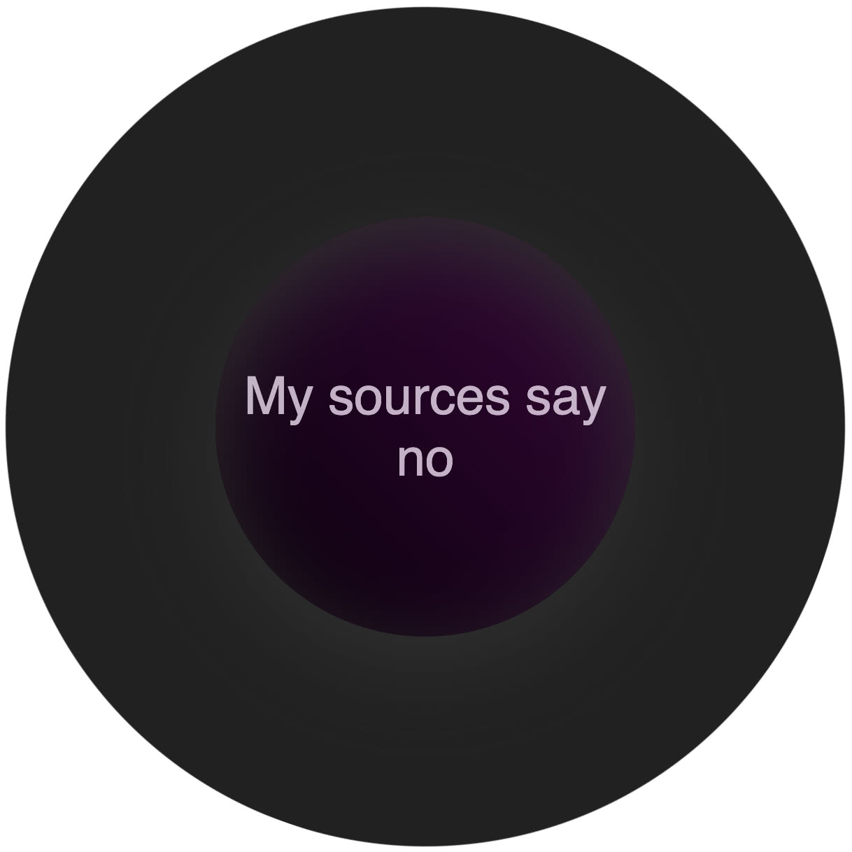 На тёмном фоне фиолетовый круг с надписью «My sources say no» (Мои источники говорят «нет»).