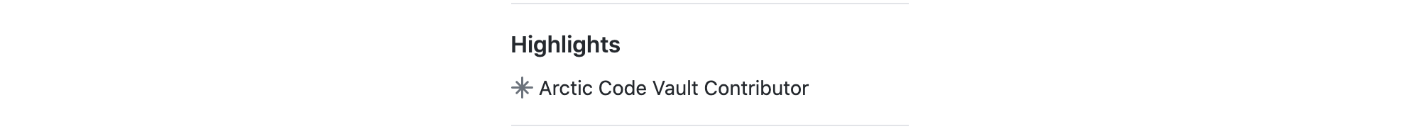 Раздел «Highlights» с текстом «Arctic Code Vault Contributor» и иконкой снежинки.