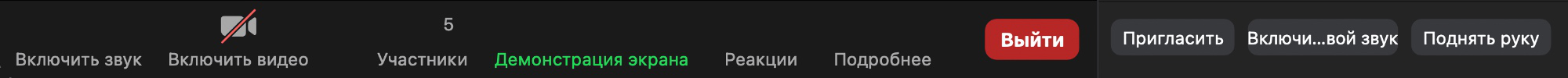 Интерфейс видеоконференции с кнопками: звук, видео, участники (5), демонстрация экрана, реакции, подробнее, выйти, пригласить, поднять руку.