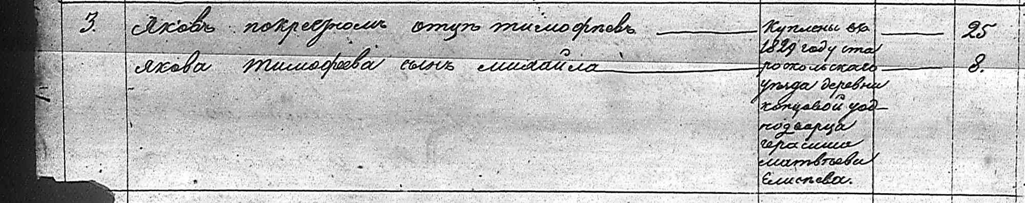 Фрагмент ревизской сказки: строка 3 — «Якова покрепостил откуп Тимофеевъ», его сын Николай; справа — «Куплены въ 1829 году...», цифры 25 и 8.