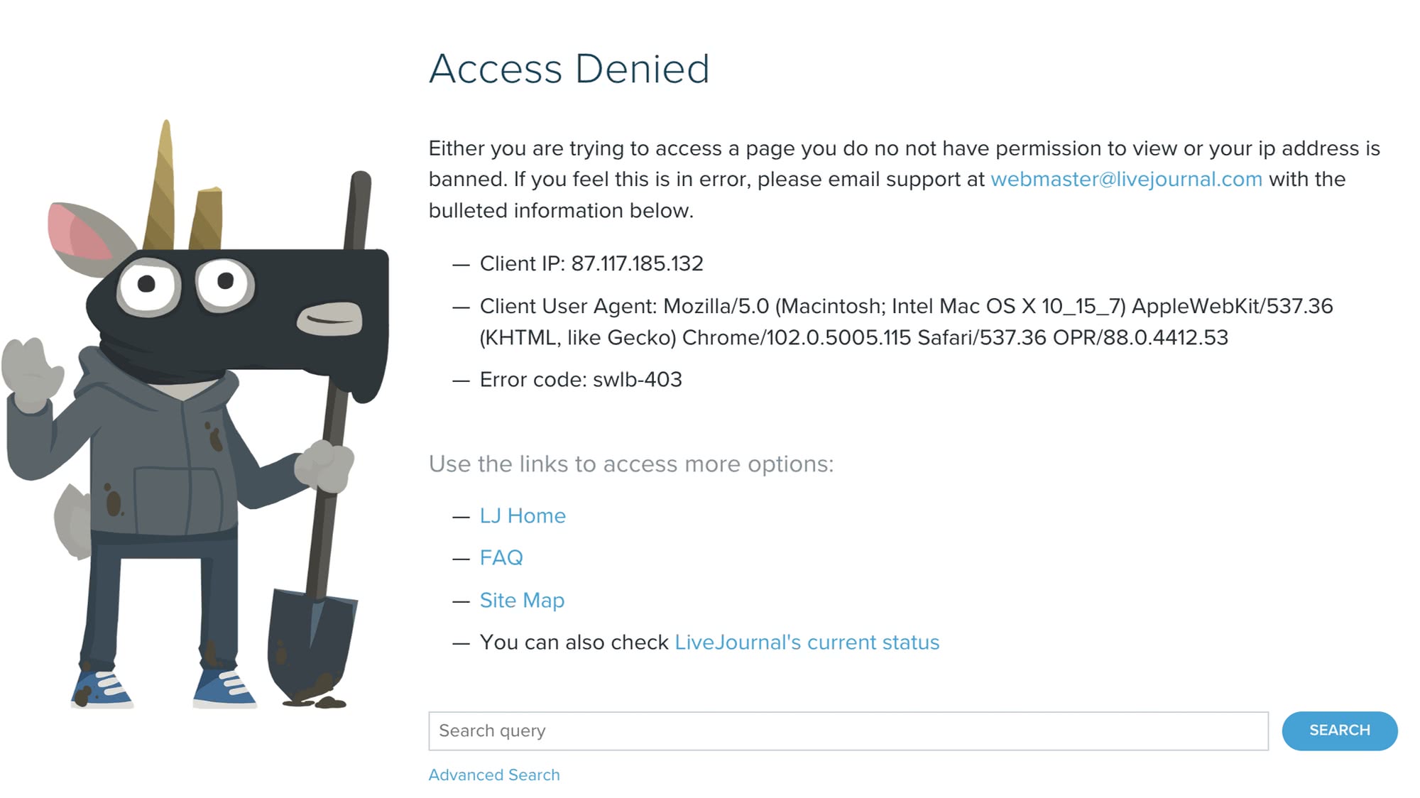 Страница LiveJournal с ошибкой «Access Denied»: персонаж в маске с лопатой, текст о запрете доступа, IP-адрес, код ошибки swlb-403, ссылки на помощь и поиск.