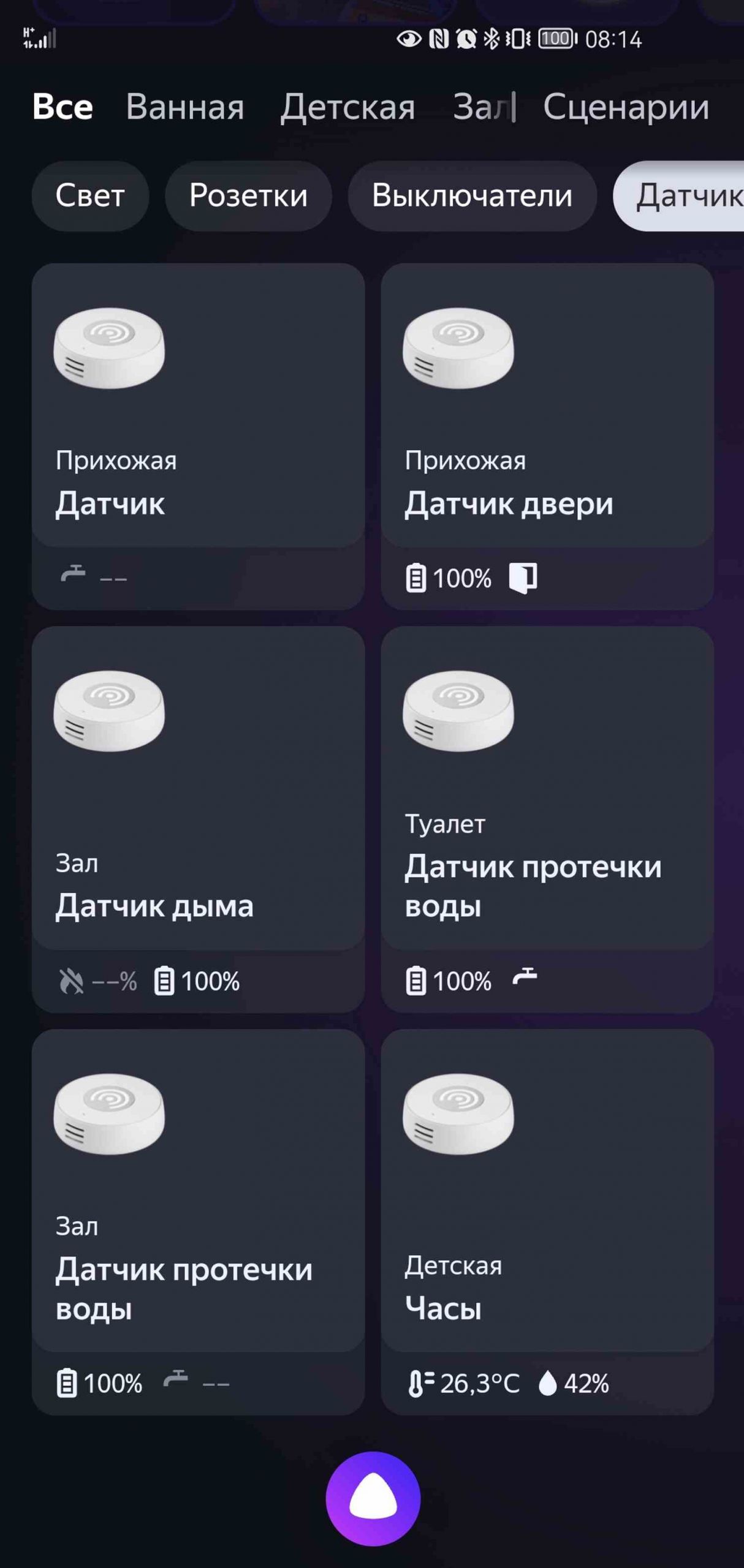 Скриншот интерфейса умного дома: карточки датчиков (двери, дыма, протечки) и часов по комнатам с показателями заряда, температуры и влажности.