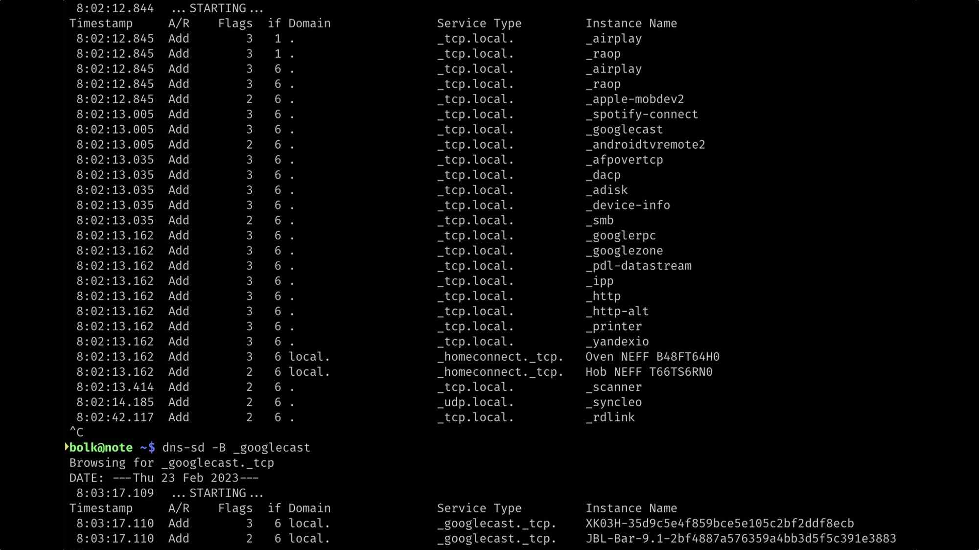 Скриншот терминала с выводом команды dns-sd, отображающий список сетевых сервисов (AirPlay, Google Cast, принтеры, умная техника) и их параметры в формате таблицы.