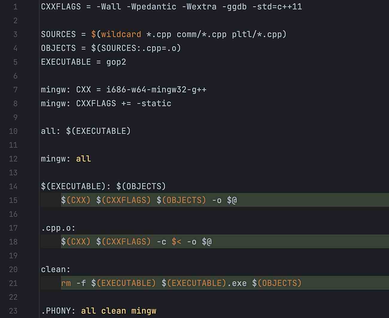 Скриншот Makefile с настройками компиляции C++11, сборкой исполняемого файла gop2, правилами для mingw, компиляции .cpp в .o и очистки проекта.